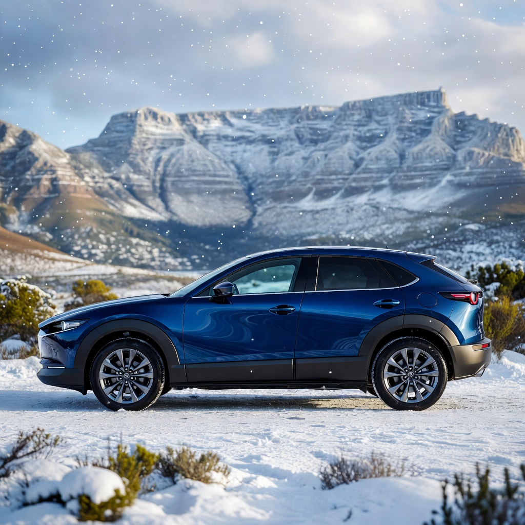 Blue Mazda SUV in snow with a mountain backdrop